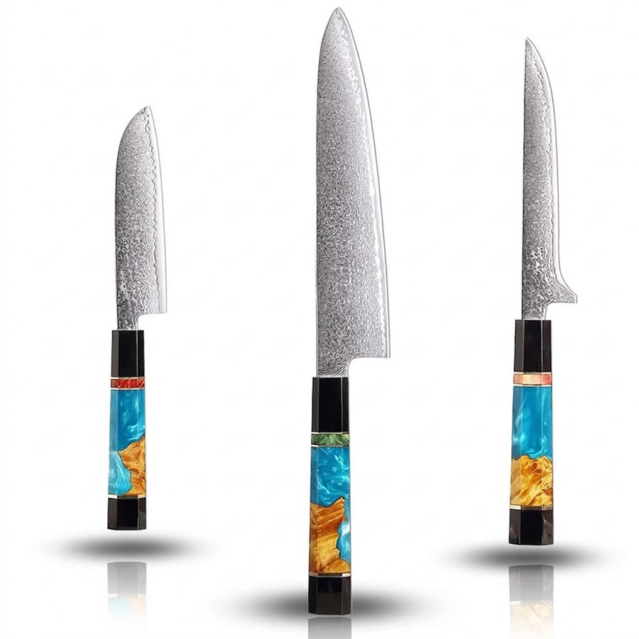 6-Piece VG10 Damascus Knife Set with Slim Blue Resin Handle VG10 Damascus kitchen knife set gallery image 13