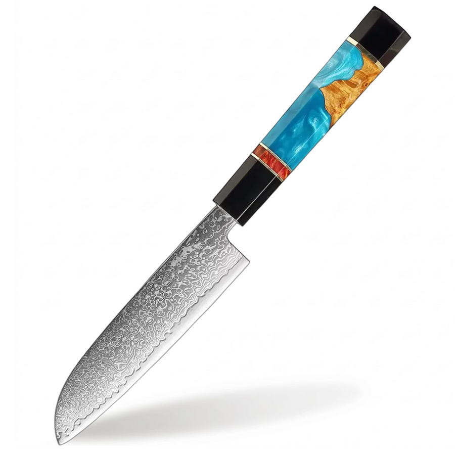 6-Piece VG10 Damascus Knife Set with Slim Blue Resin Handle - 5-Inch Santoku Knife product image