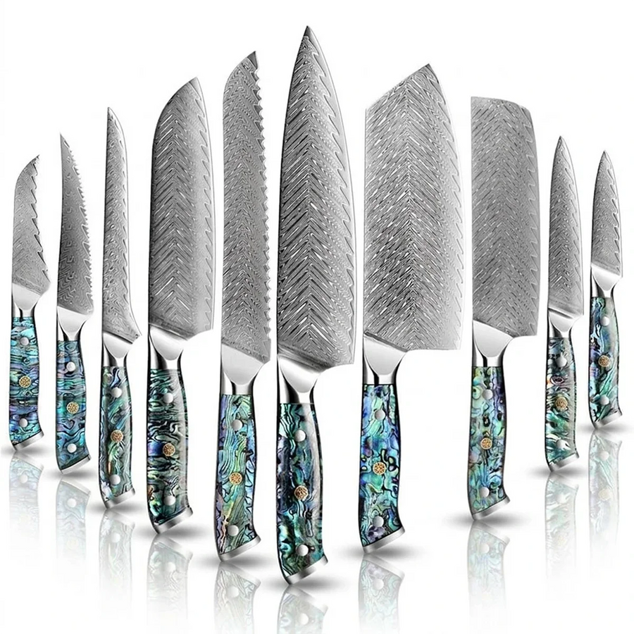 9-Piece Fishbone VG10 Damascus Knife Set with Abalone Handle - 9-Piece Knife Set product image