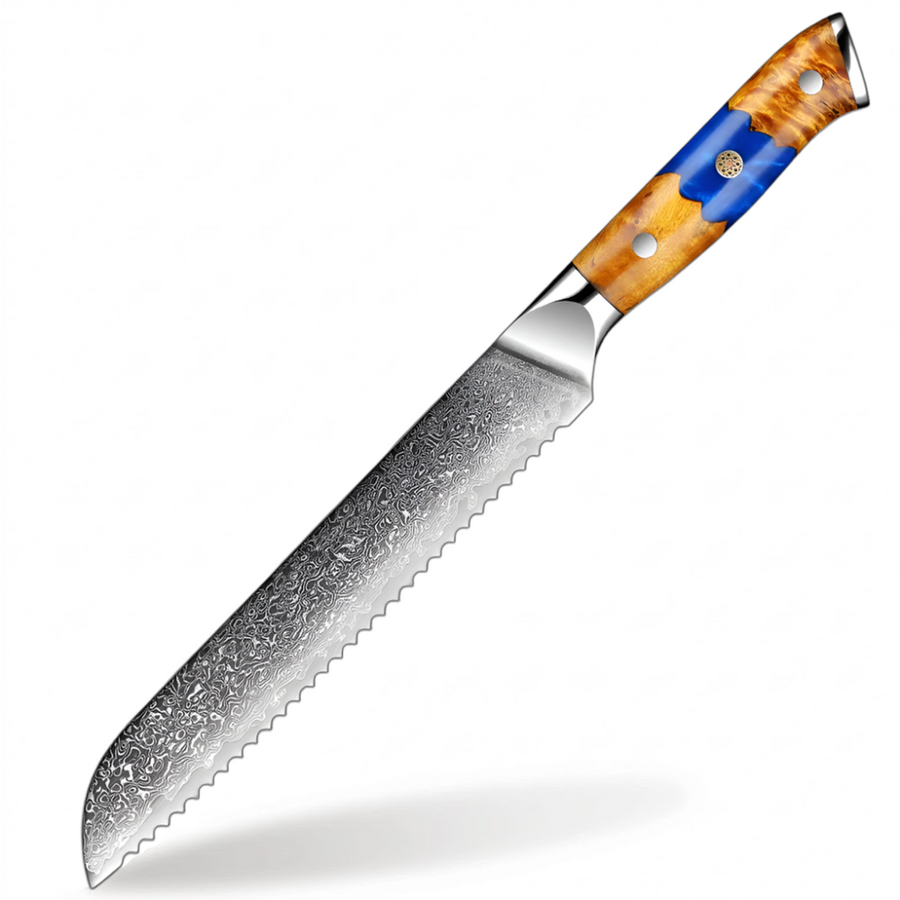 8-Piece VG10 Damascus Knife Set with Blue Resin and Natural Wood Handle - 8-Inch Bread Knife product image