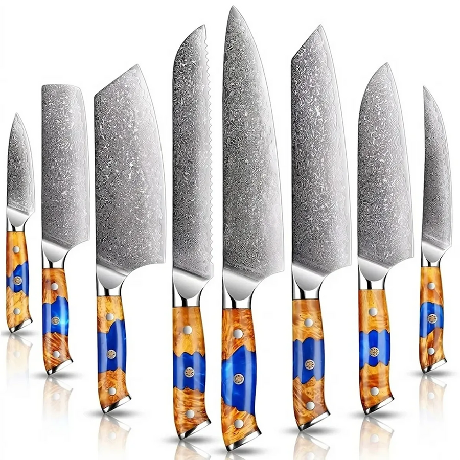 8-Piece VG10 Damascus Knife Set with Blue Resin and Natural Wood Handle - 9-Piece Knife Set product image