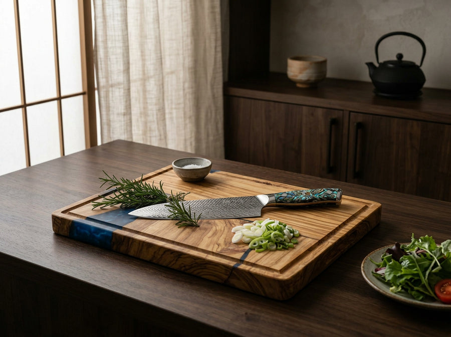 Murasaki — Damascus Chef Knife with Abalone Shell Handle lifestyle photo