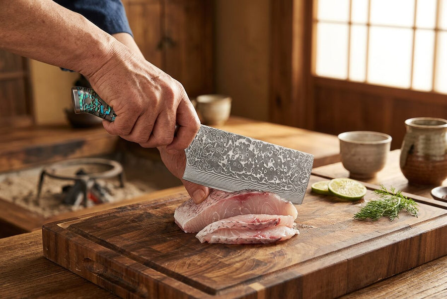 Kaigan — VG10 Damascus Cleaver with Abalone Handle product image