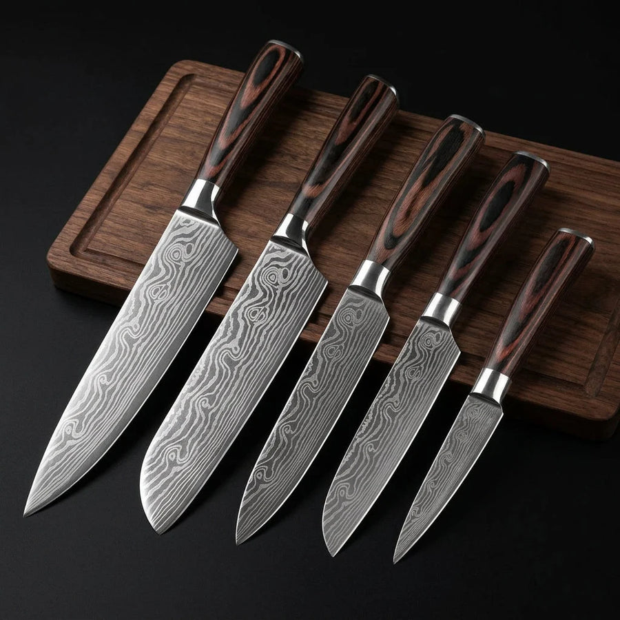 Japanese Damascus Knife Set "Hiroo" — 5-Piece Chef Knife Gift Set product image