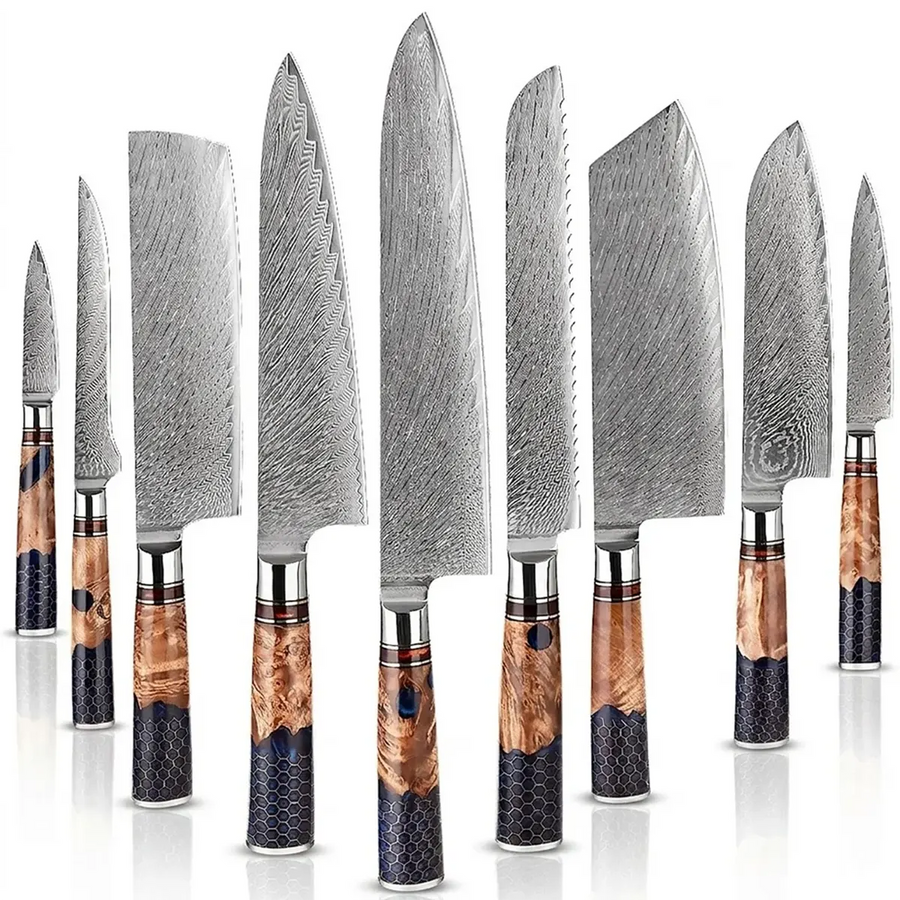 9-Piece VG10 Damascus Knife Set with Blue Honeycomb Resin Handle - 9-Piece Knife Set product image