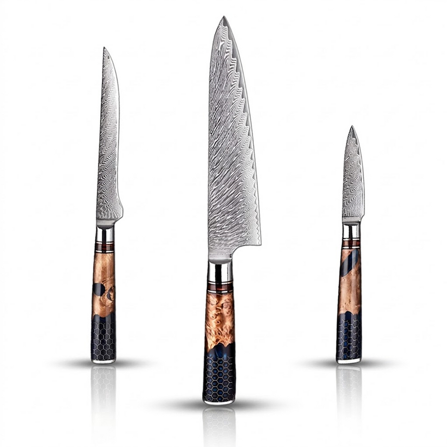 9-Piece VG10 Damascus Knife Set with Blue Honeycomb Resin Handle VG10 Damascus kitchen knife set gallery image 18