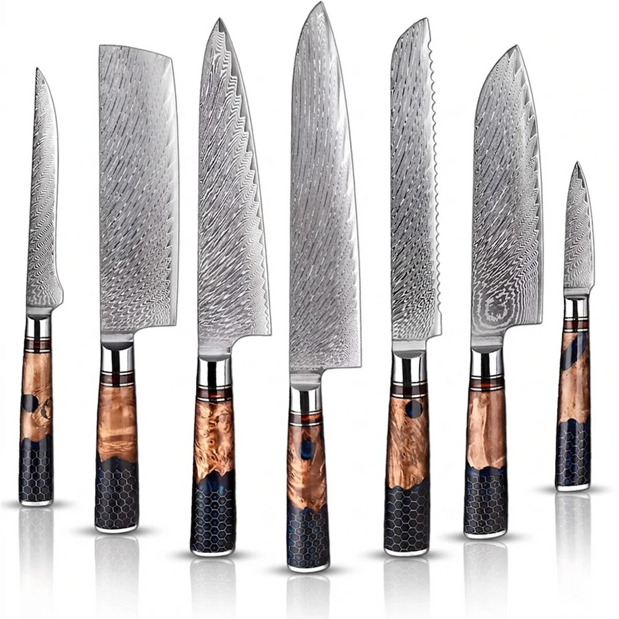 9-Piece VG10 Damascus Knife Set with Blue Honeycomb Resin Handle VG10 Damascus kitchen knife set gallery image 15