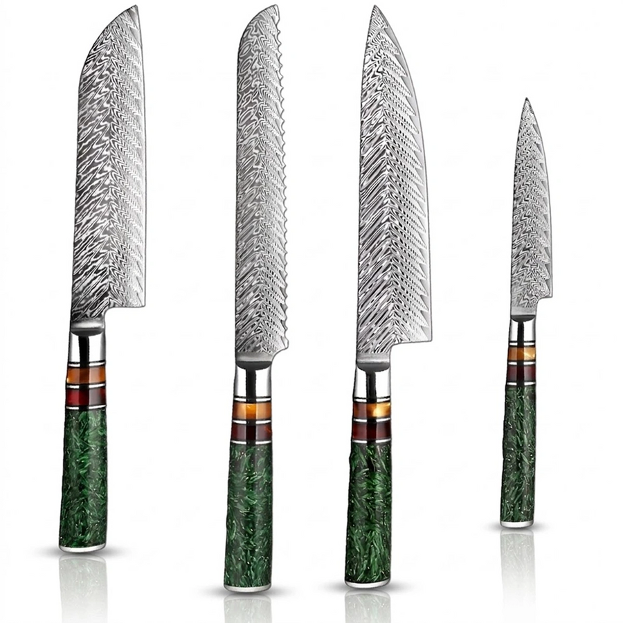 8-Piece VG10 Damascus Knife Set with Green Resin Handle VG10 Damascus kitchen knife set gallery image 16