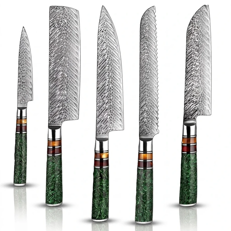 8-Piece VG10 Damascus Knife Set with Green Resin Handle VG10 Damascus kitchen knife set gallery image 18