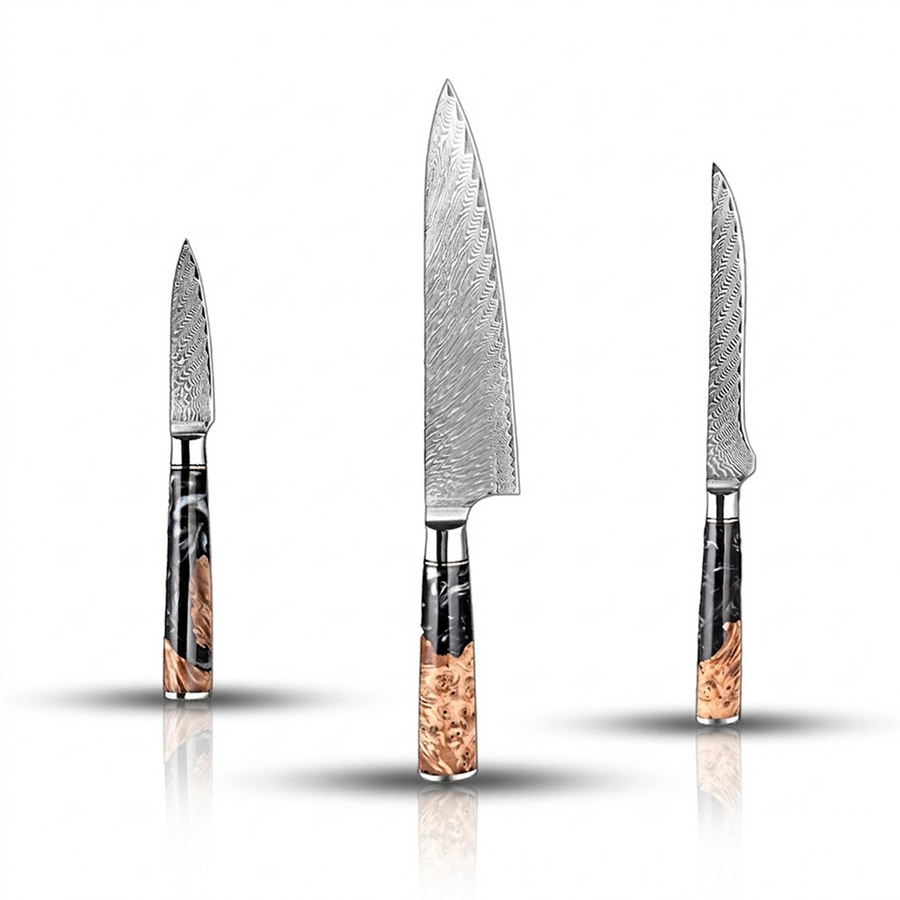 9-Piece VG10 Damascus Knife Set with Black Resin and Wood Handle - 3-Piece Knife Set product image