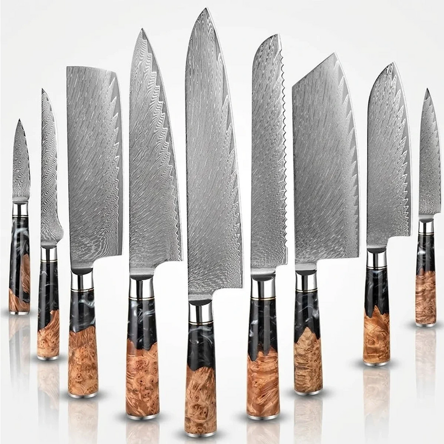 9-Piece VG10 Damascus Knife Set with Black Resin and Wood Handle - 9-Piece Knife Set product image