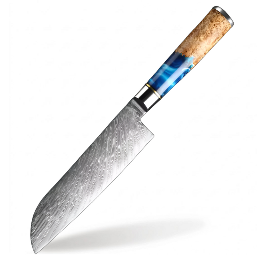 9-Piece VG10 Damascus Knife Set with Blue Resin and Wood Handle - 7-Inch Santoku Knife product image