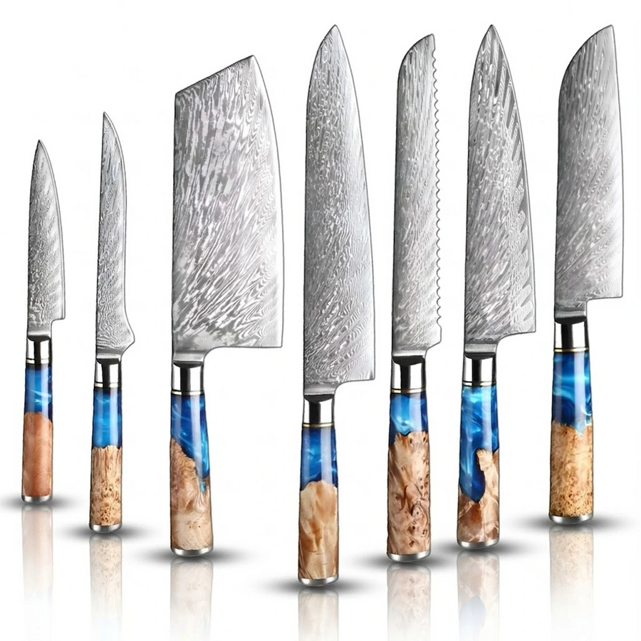 9-Piece VG10 Damascus Knife Set with Blue Resin and Wood Handle - 7-Piece Knife Set product image