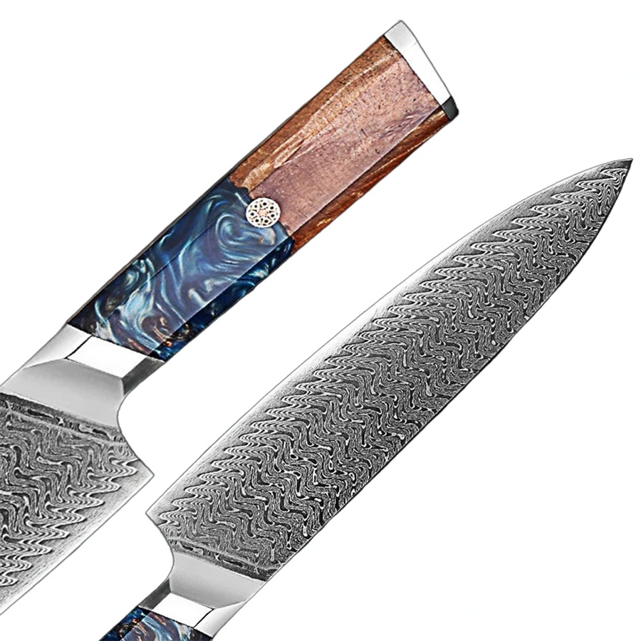 9-Piece VG10 Damascus Knife Set with Deep Sea Blue Resin Handle VG10 Damascus kitchen knife set gallery image 13