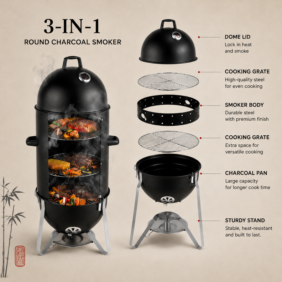 3-Layer Vertical Charcoal Smoker – Round Barrel BBQ Smoker & Grill