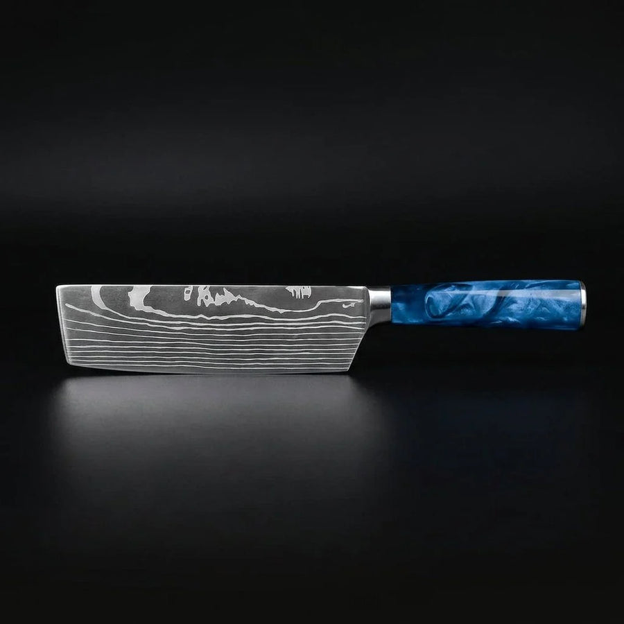 Damascus Print Epoxy Sapphire Nakiri Knife product photo