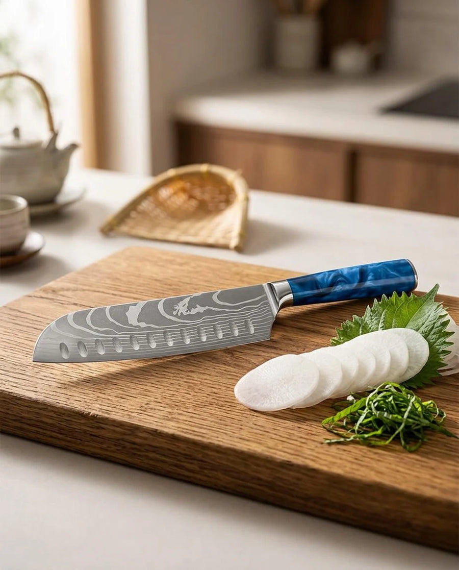 Damascus Print Epoxy Sapphire Santoku Knife 18cm lifestyle photo