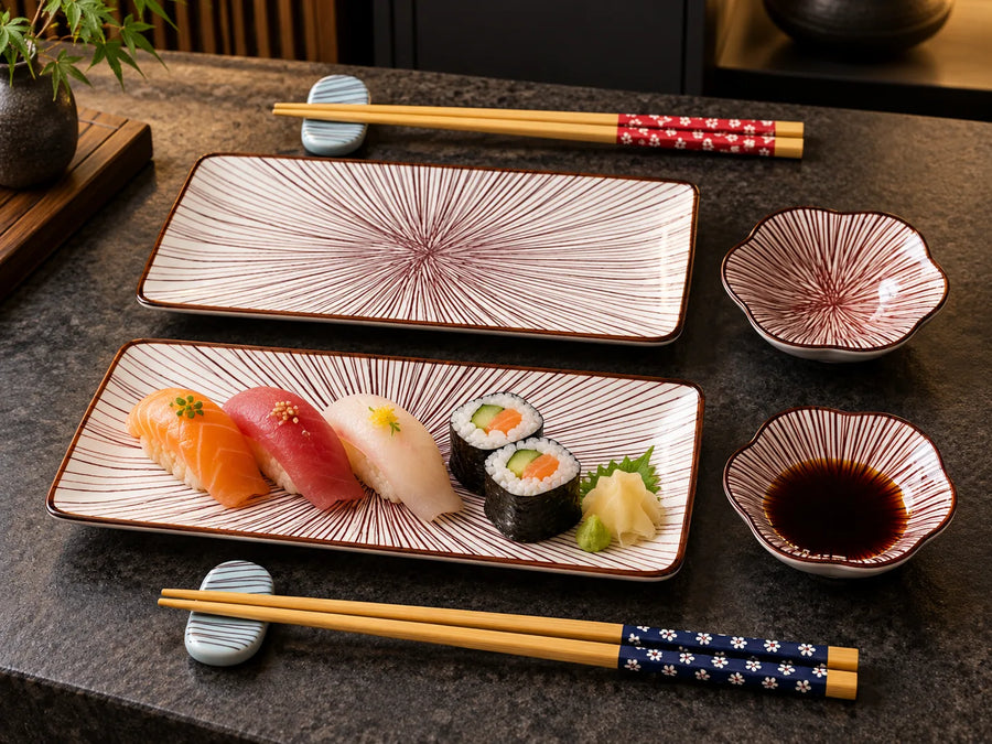 A set of ceramic sushi plates and chopsticks on a dark tabletop. The set includes two rectangular plates with a brown radial line pattern, two small flower-shaped dipping bowls, and four pairs of wooden chopsticks with blue and red patterned handles resting on small blue-and-white coasters.