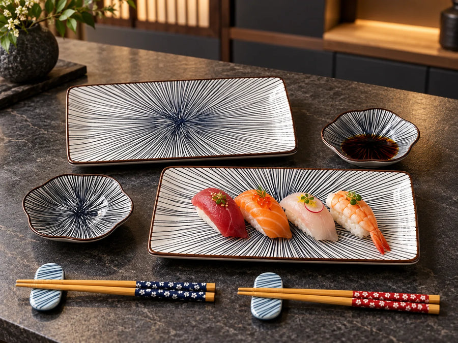 Japanese-style ceramic dinnerware set on a dark stone tabletop, including two rectangular plates with radiating blue-gray lines, two small flower-shaped dipping bowls, chopsticks, and sushi pieces. No people or animals are present.