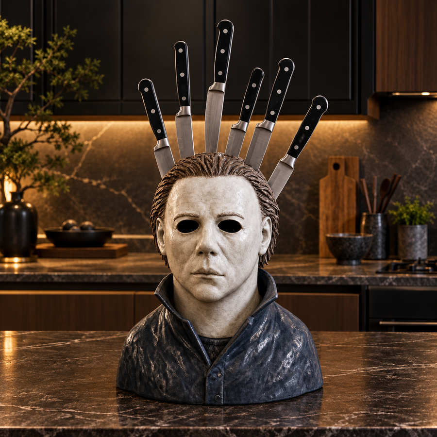 Michael Myers-inspired horror knife holder with a white mask and dark coveralls on a kitchen countertop. Knives not included.