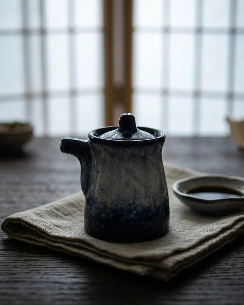 Japanese Kuyakushomae Ceramic Sauce Dispenser - Tabletop Bottle for Soy Sauce - alternate angle from Japanese Kitchen Supply