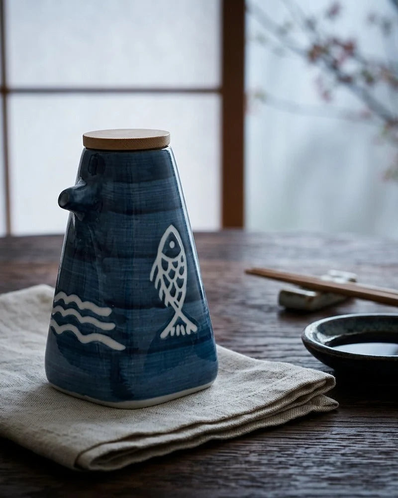 Japanese Roku Ceramic Sauce Dispenser - Tabletop Bottle for Soy Sauce - alternate angle from Japanese Kitchen Supply
