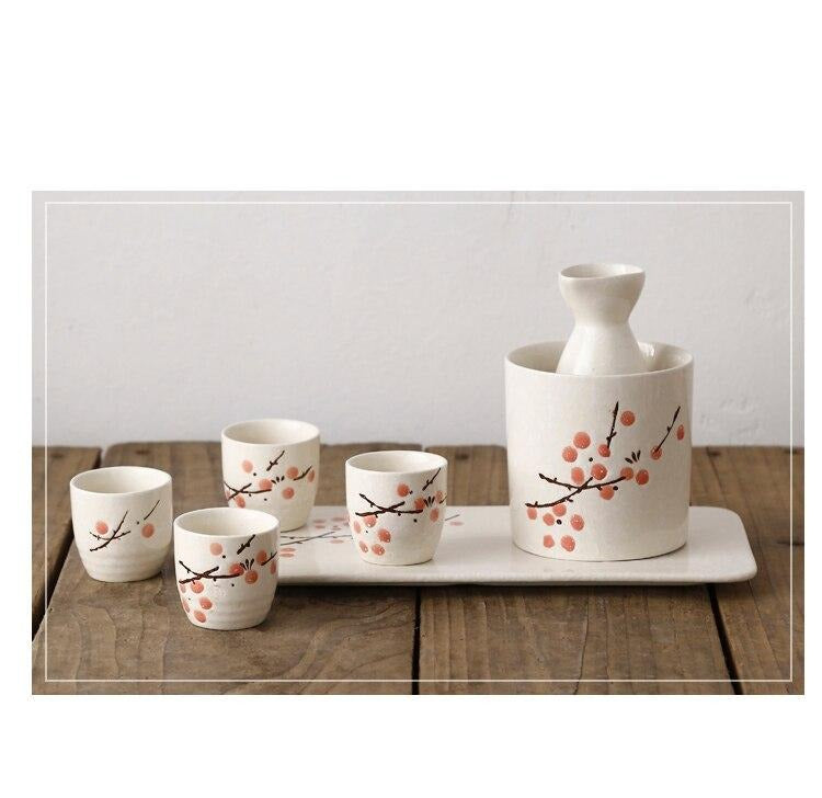 Japanese Shiribeshi Ceramic Sake Set - Tokkuri Bottle with 4 Cups with Multiple Models - product detail view from Japanese Kitchen Supply
