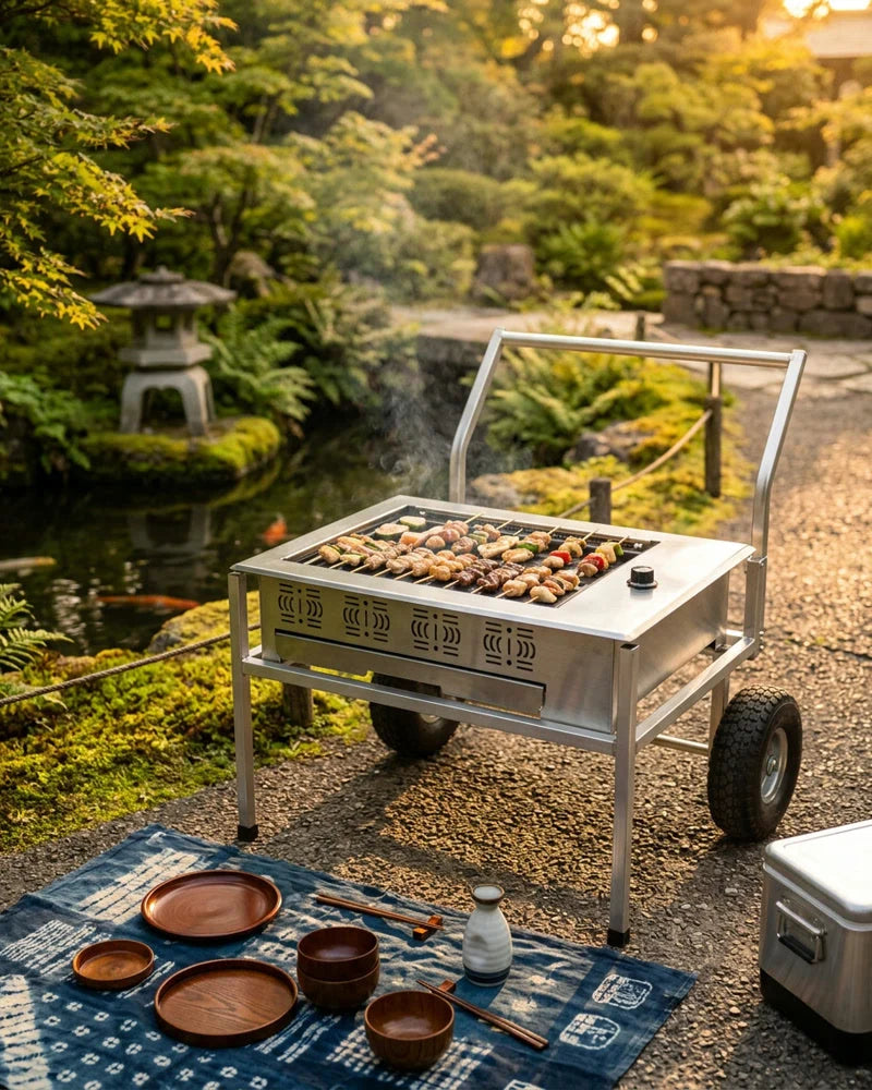 Japanese Tanigawa Portable Charcoal Grill, Aluminum Alloy Trolley, alternate view