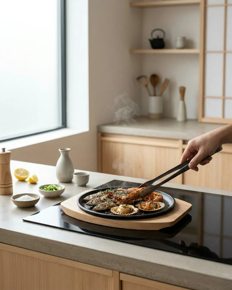 Japanese Uta BBQ Grill Plate, Cast Iron and Wood, alternate view