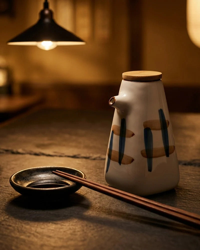 Japanese Yot-tsu Ceramic Sauce Dispenser - Tabletop Bottle for Soy Sauce - alternate angle from Japanese Kitchen Supply