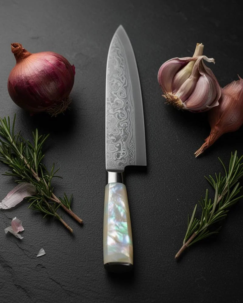 Mother of Pearl Jewels Damascus Chef Knife 20 cm lifestyle photo