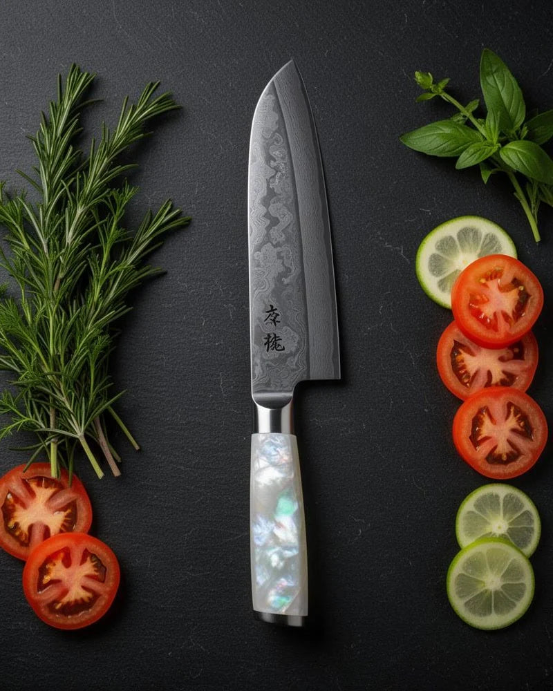 Mother of Pearl Jewels Damascus Santoku Knife 18cm lifestyle photo