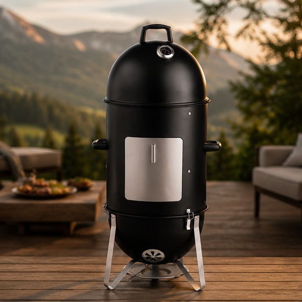 3-Layer Vertical Charcoal Smoker – Round Barrel BBQ Smoker & Grill