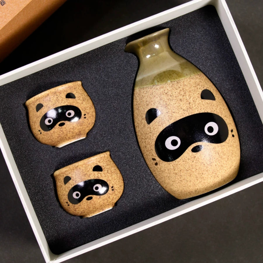 Tanuki Sake Set – Ceramic Bottle & 2 Cups Gift Box