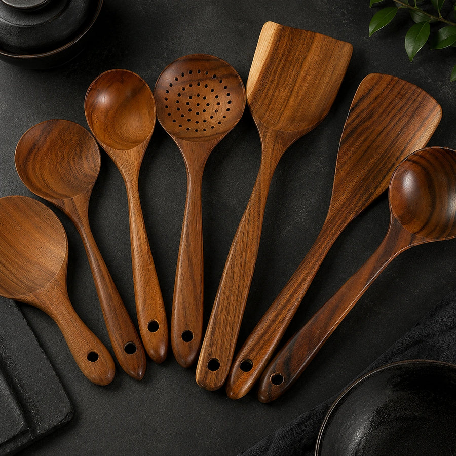 Teak Wood Kitchen Utensils Set – Non-Stick Cooking Spoons & Spatulas