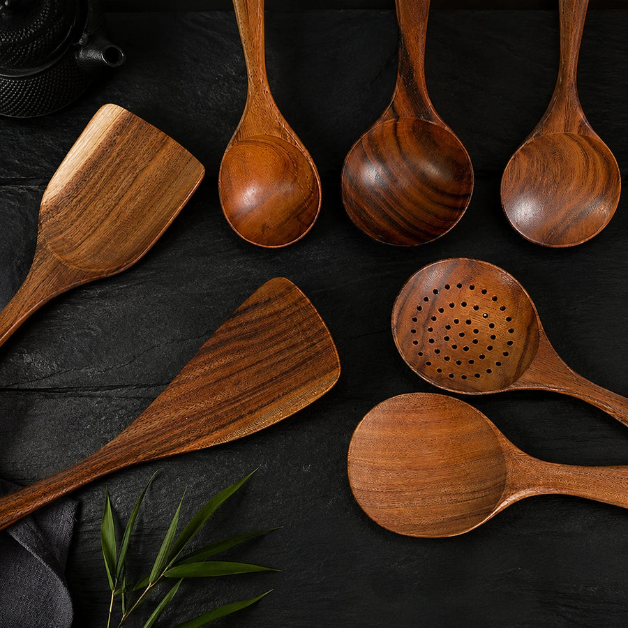 Teak Wood Kitchen Utensils Set – Non-Stick Cooking Spoons & Spatulas