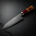 Reiko — Damascus Chef Knife 18cm with Burlwood & Red Resin