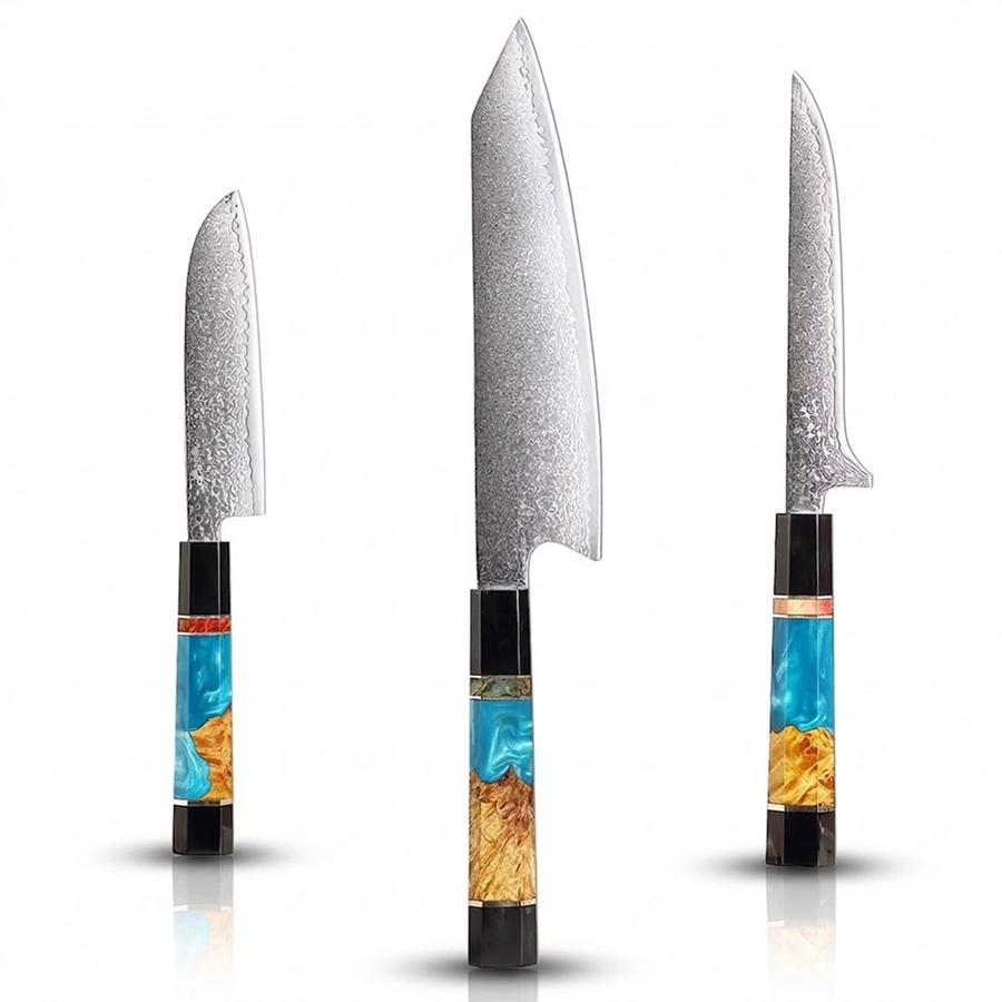 6-Piece VG10 Damascus Knife Set with Slim Blue Resin Handle VG10 Damascus kitchen knife set gallery image 14