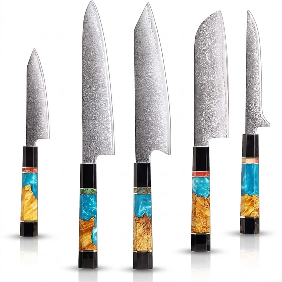 6-Piece VG10 Damascus Knife Set with Slim Blue Resin Handle - 5-Piece Knife Set product image
