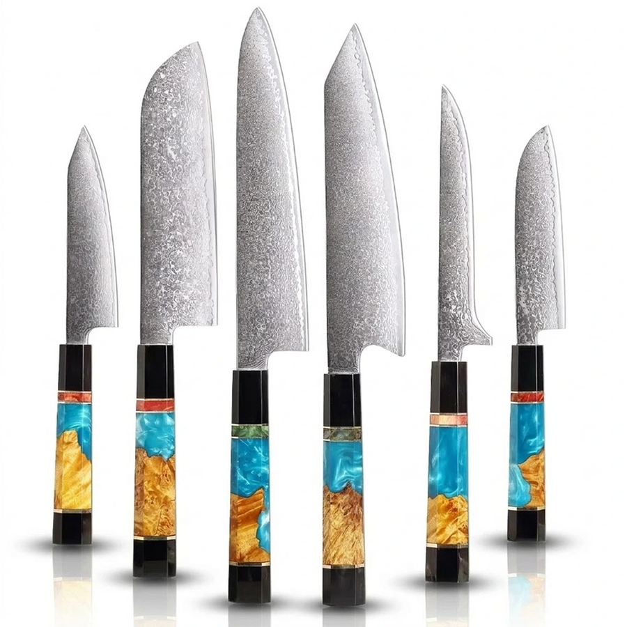 6-Piece VG10 Damascus Knife Set with Slim Blue Resin Handle - 6-Piece Knife Set product image