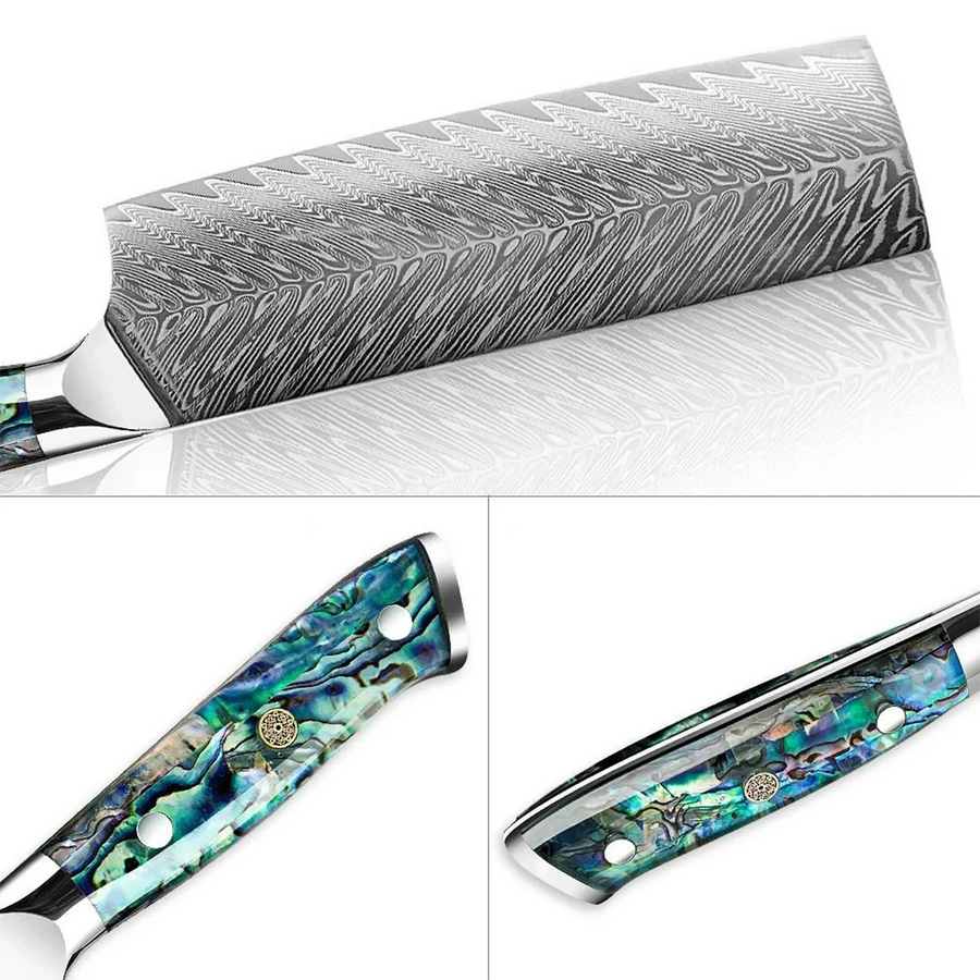 9-Piece Fishbone VG10 Damascus Knife Set with Abalone Handle VG10 Damascus kitchen knife set gallery image 12