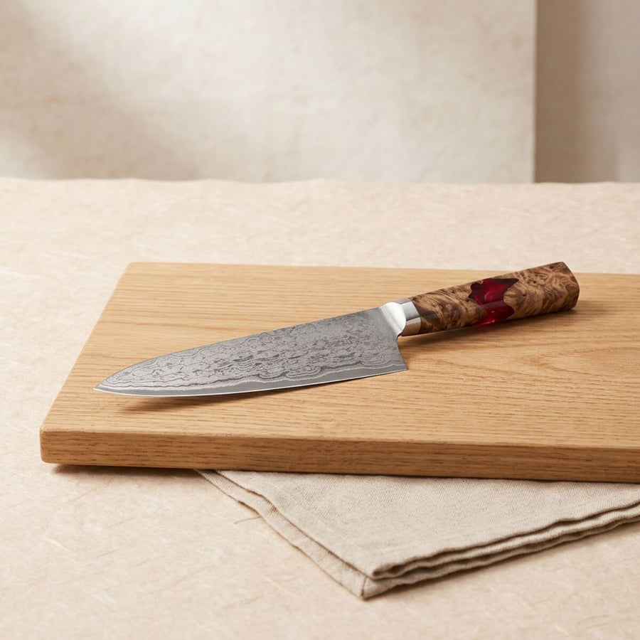 Reiko — Damascus Chef Knife 18cm with Burlwood & Red Resin product image