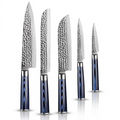 5-Piece VG10 Damascus Knife Set with Hammered Blade and Blue Resin Handle