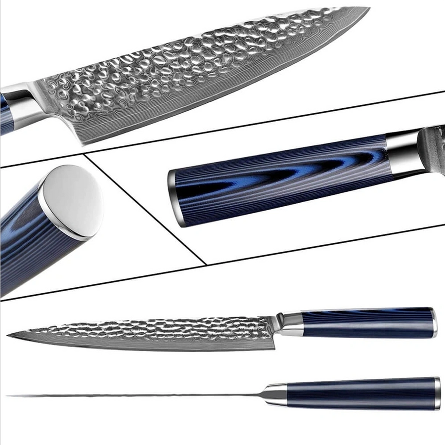 5-Piece VG10 Damascus Knife Set with Hammered Blade and Blue Resin Handle VG10 Damascus kitchen knife set gallery image 9