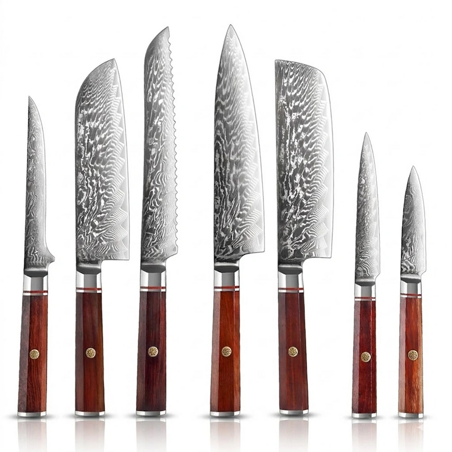 7-Piece VG10 Damascus Knife Set with Traditional Rosewood Handle - 7-Piece Knife Set product image