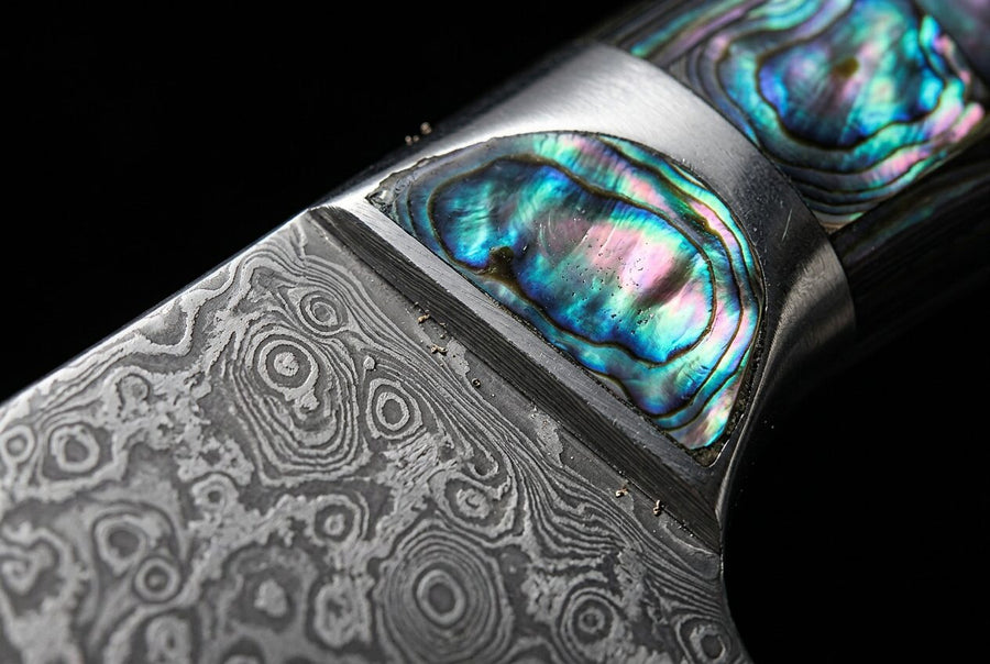 Kaigan — VG10 Damascus Cleaver with Abalone Handle detail photo
