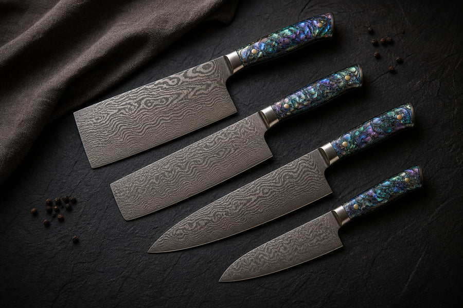 Shokunin — Damascus Knife Set (4-piece) flat lay photo