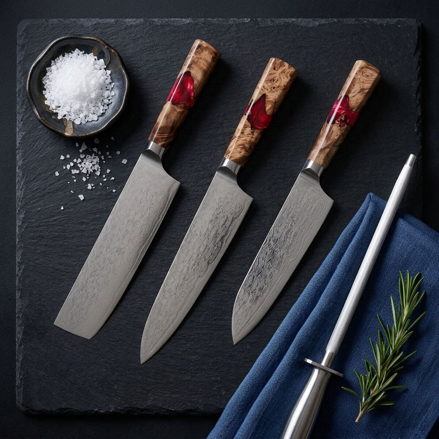 Reiko — Damascus Chef Knife 18cm with Burlwood & Red Resin flat lay photo