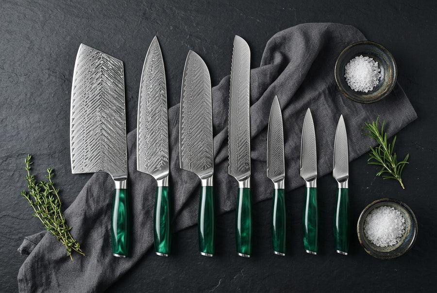 Midori — Damascus Knife Set (8-piece) flat lay photo