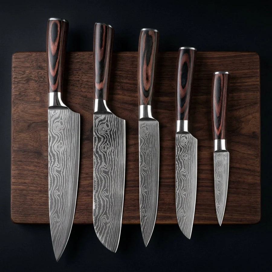 Japanese Damascus Knife Set "Hiroo" — 5-Piece Chef Knife Gift Set product image